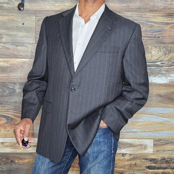 Hickey Freeman Loro Piana Wool Charcoal Gray Striped Blazer Sport Jacket 44R - Picture 2 of 11